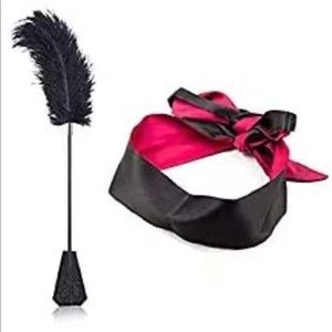 New red black satin blindfold eye mask feather duster tickler set